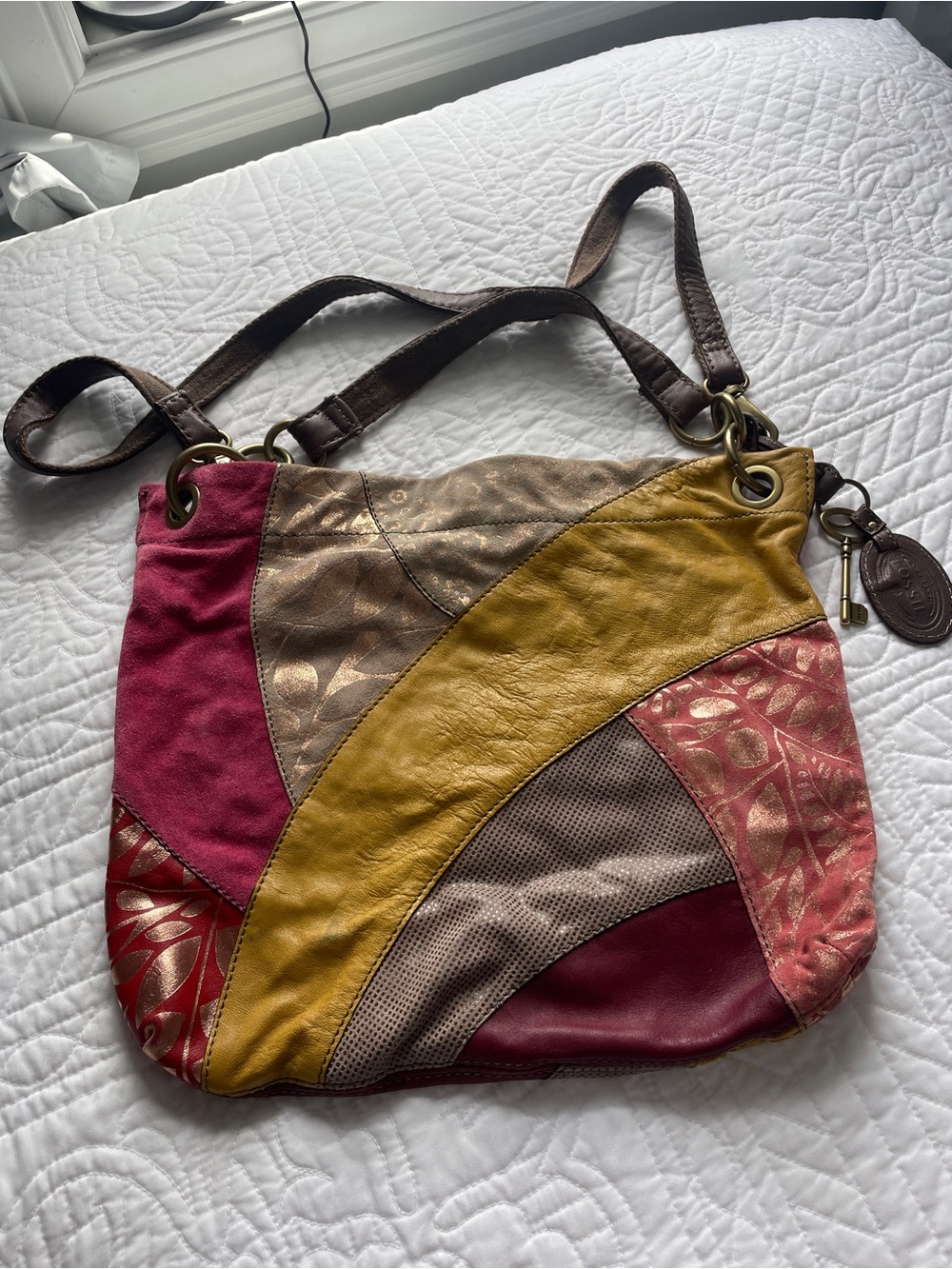 Vintage Y2K Fossil Patchwork Leather Suede Boho Bag Key Chain Shoulder/Crossbody